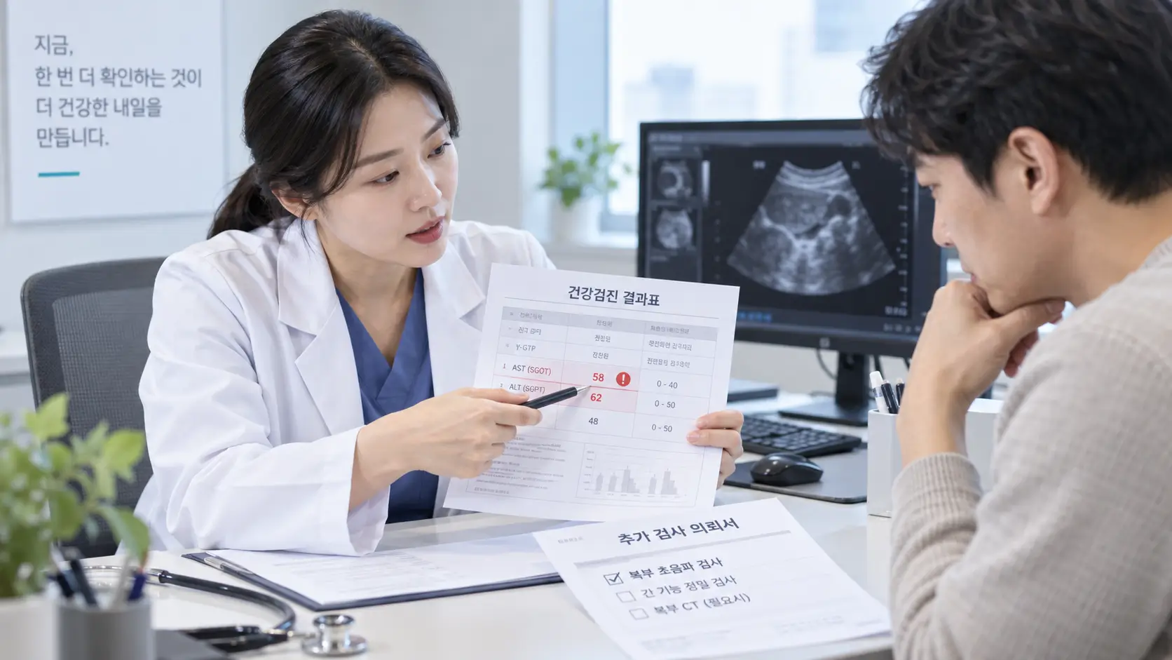 건강검진에서 발견된 이상 소견을 설명하며 추가 정밀검사를 안내하는 의사와 환자
