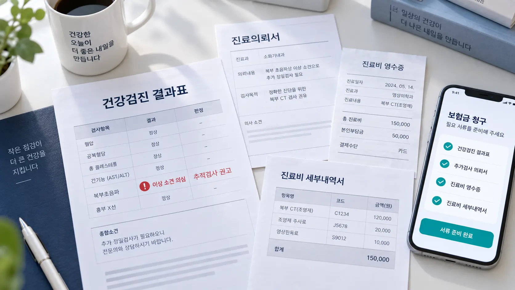 건강검진 결과표, 추가 검사 의뢰서, 진료비 영수증과 세부내역서를 준비해 실손보험 청구 서류를 확인하는 모습