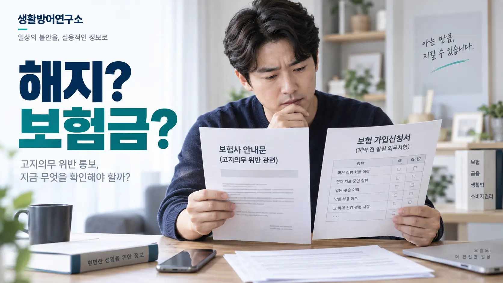 고지의무 위반 통보서와 보험 가입신청서를 비교하며 확인하는 보험 가입자