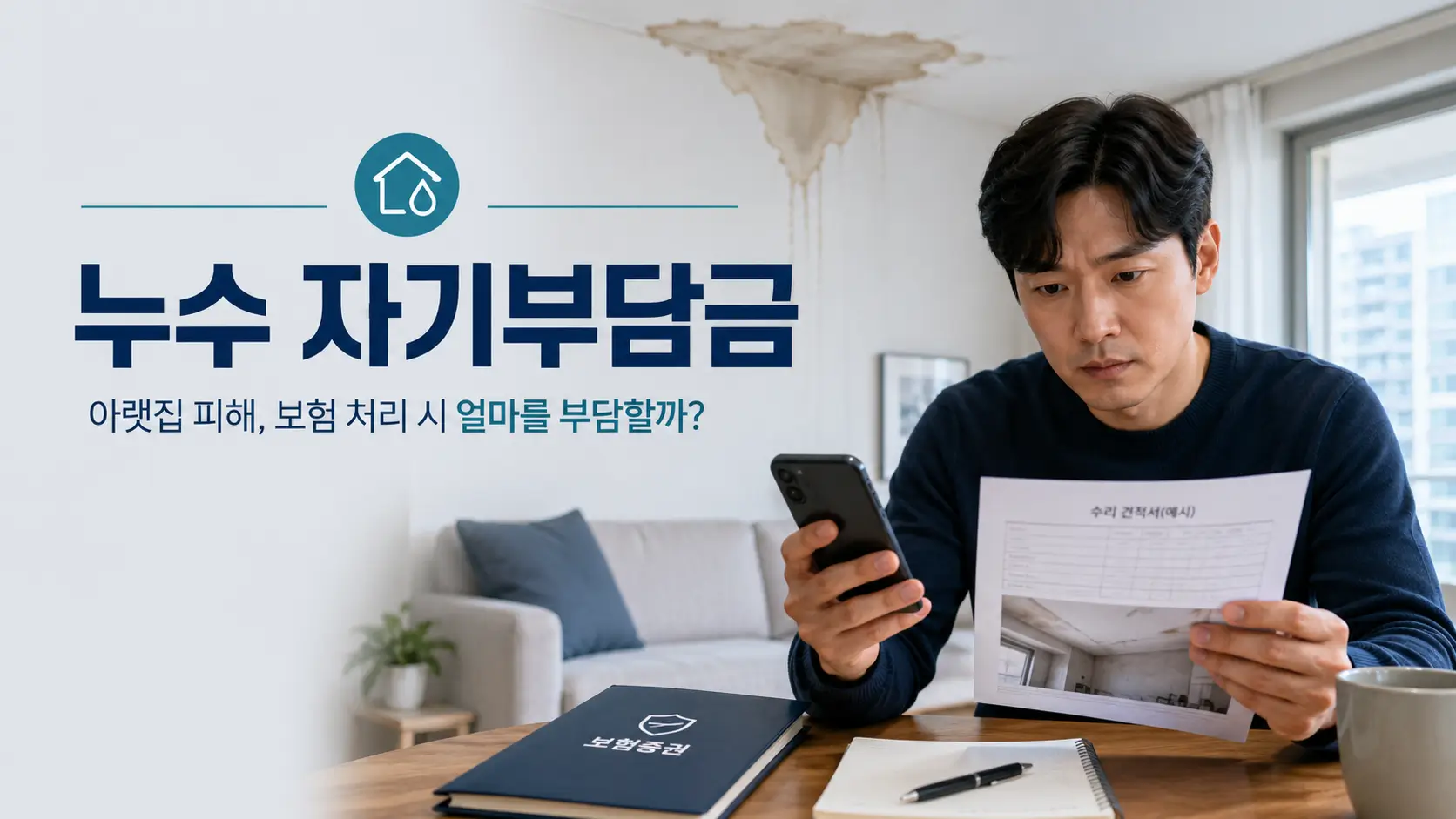 누수 피해가 발생한 아파트에서 보험증권과 수리 견적서를 확인하는 남성