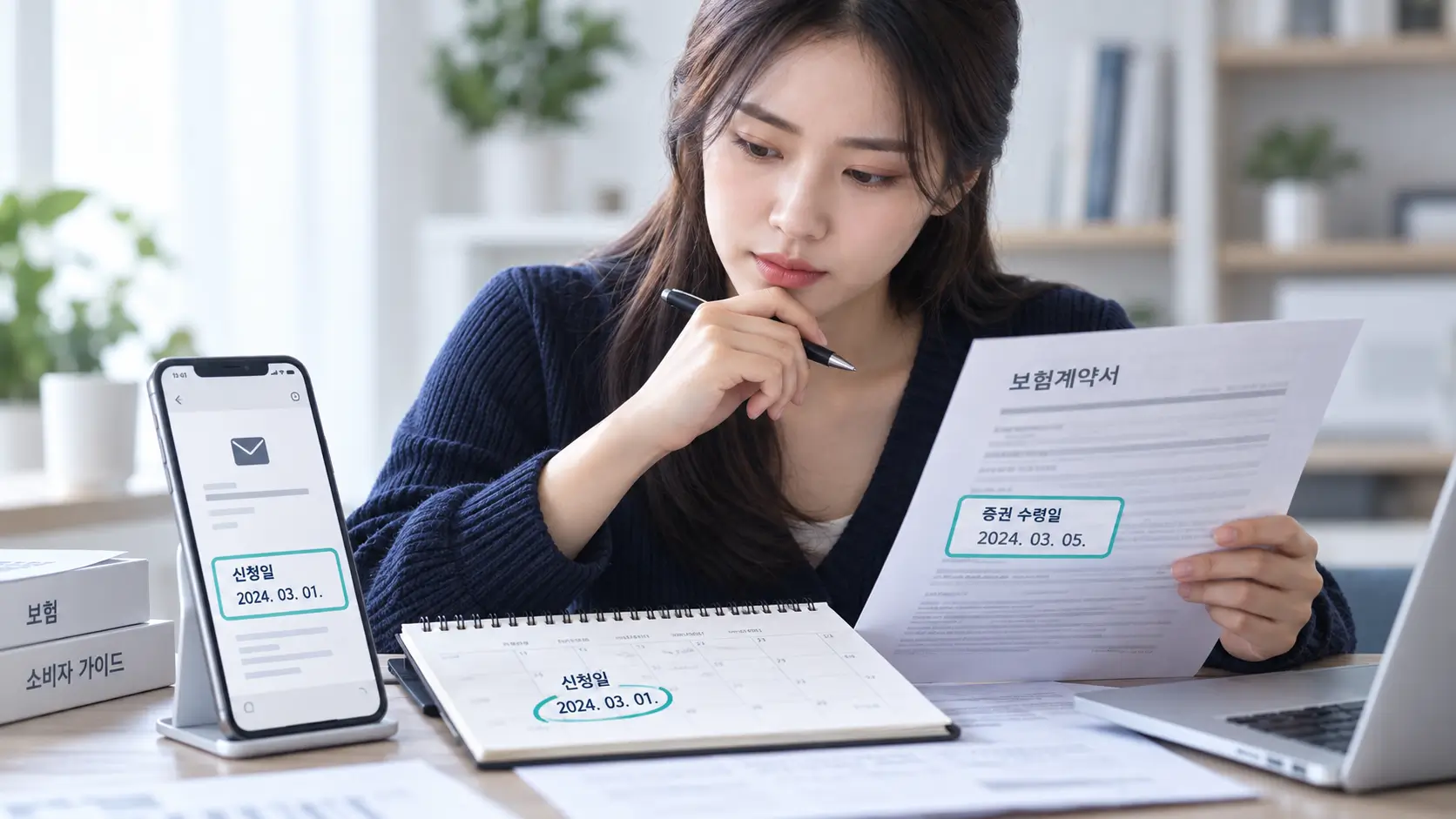 보험계약서와 이메일에서 청약일과 보험증권 수령일을 확인하는 소비자
