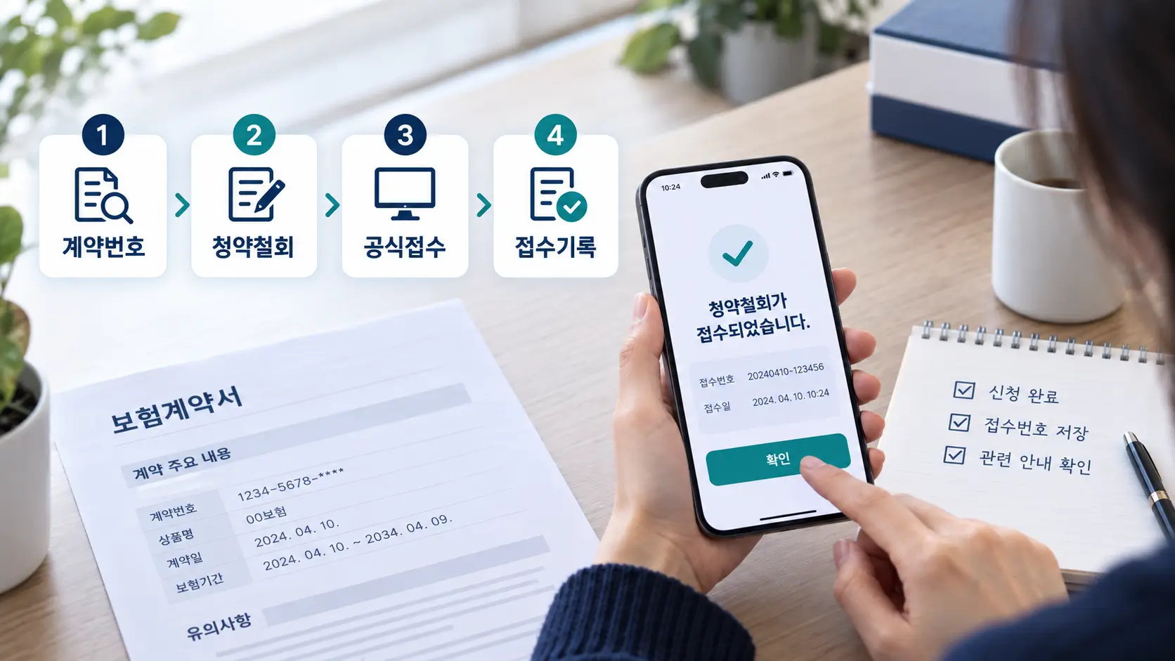 보험 청약철회 신청 후 계약번호와 접수기록을 확인하는 모습
