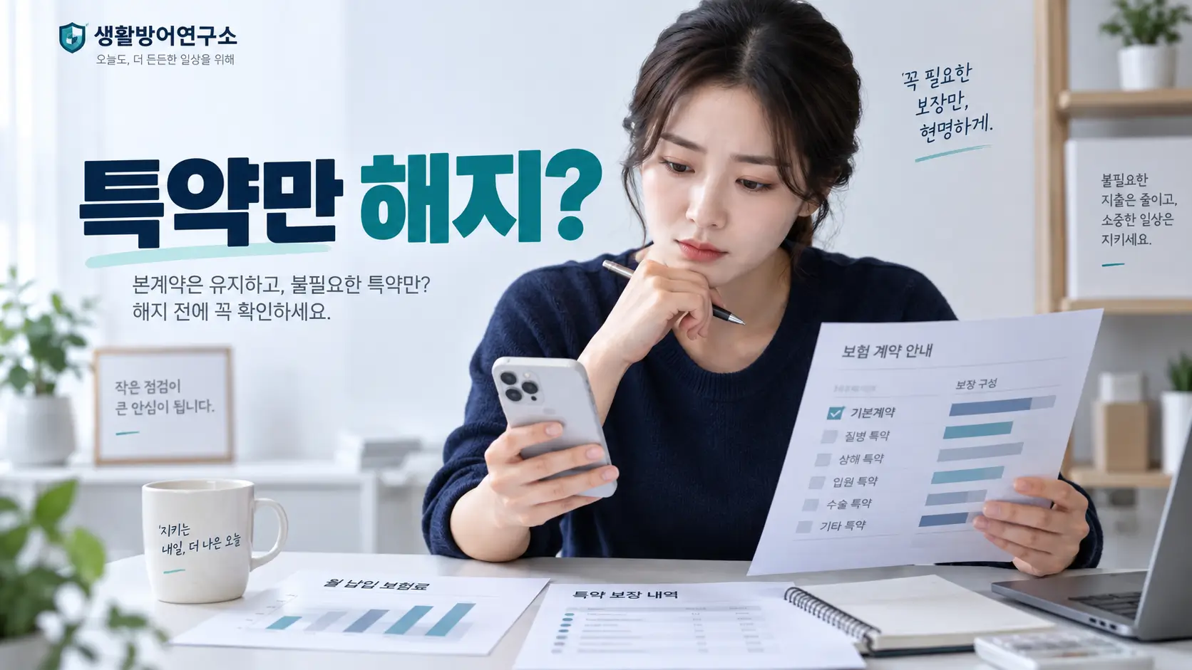보험 특약 해지 전 계약 내용과 보험료를 확인하는 여성