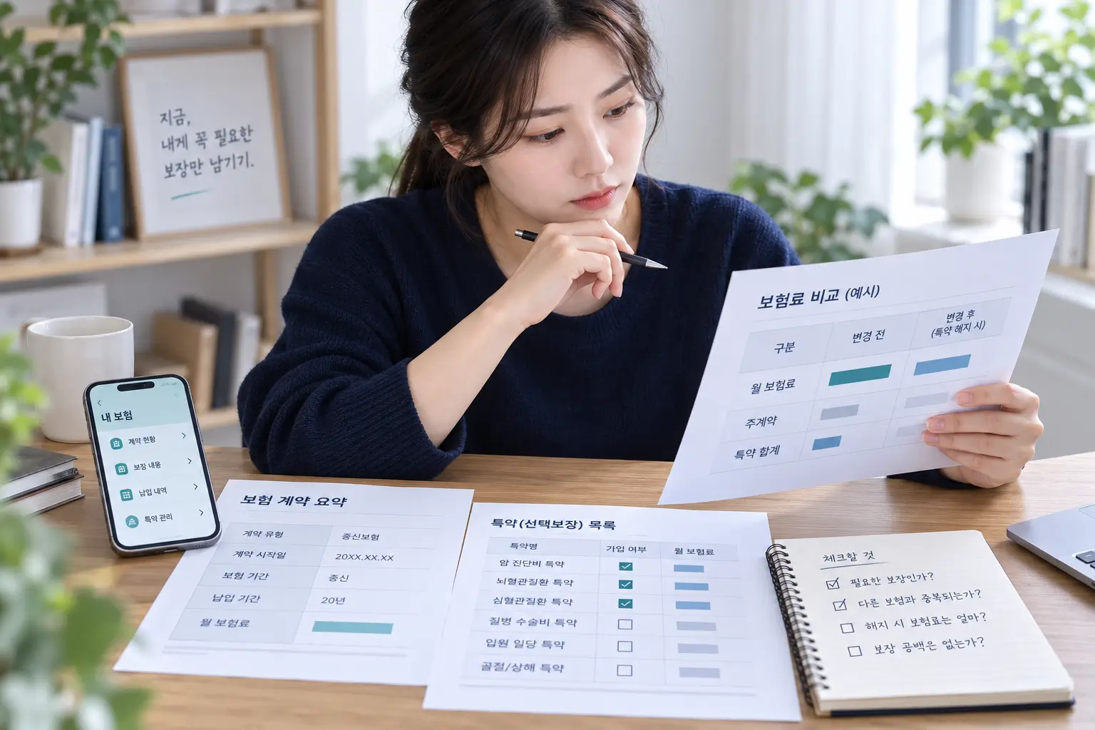 보험증권과 특약별 보험료를 비교하며 불필요한 특약을 검토하는 여성