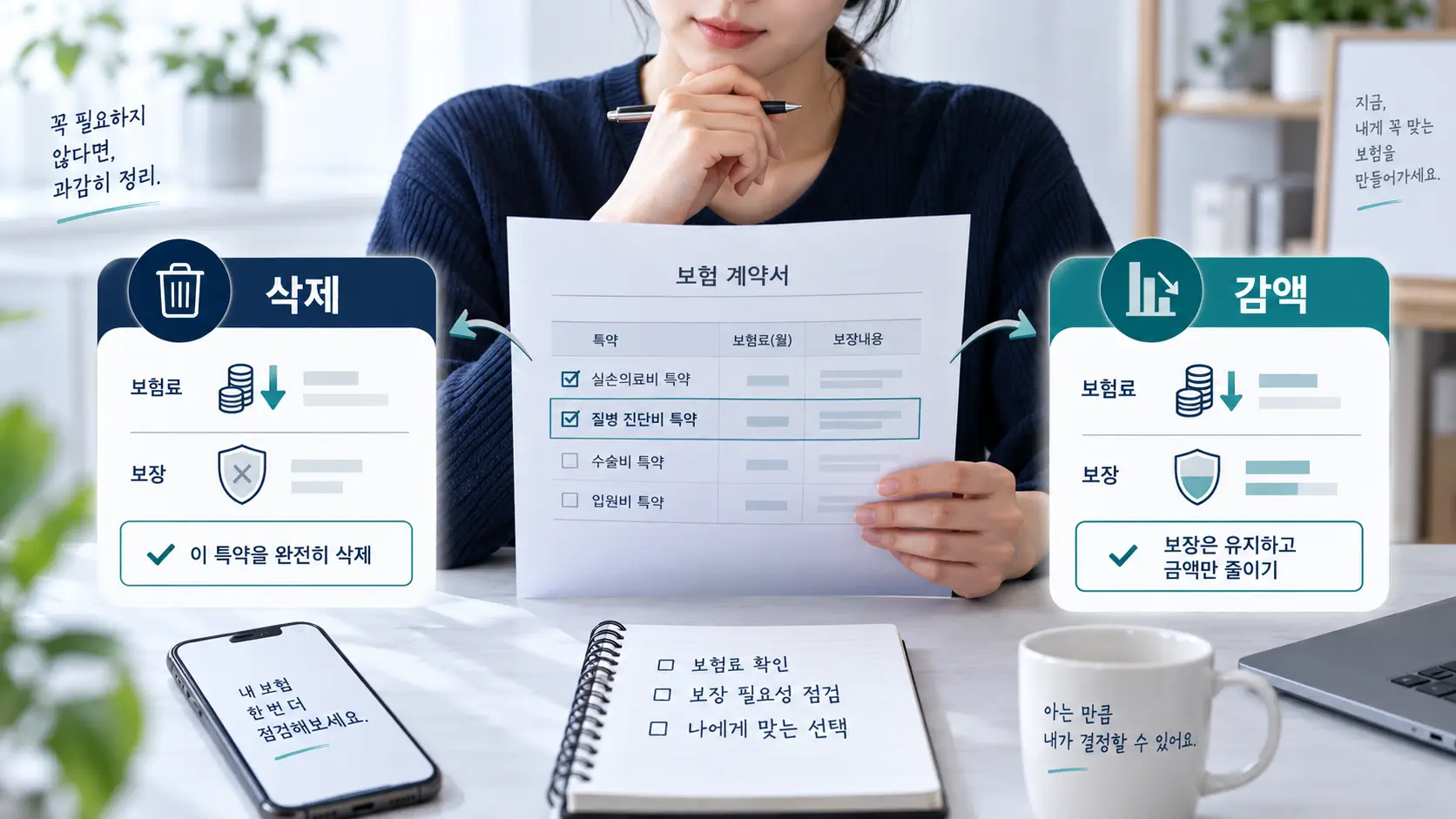 보험 특약 완전 삭제와 가입금액 감액을 비교하는 모습
