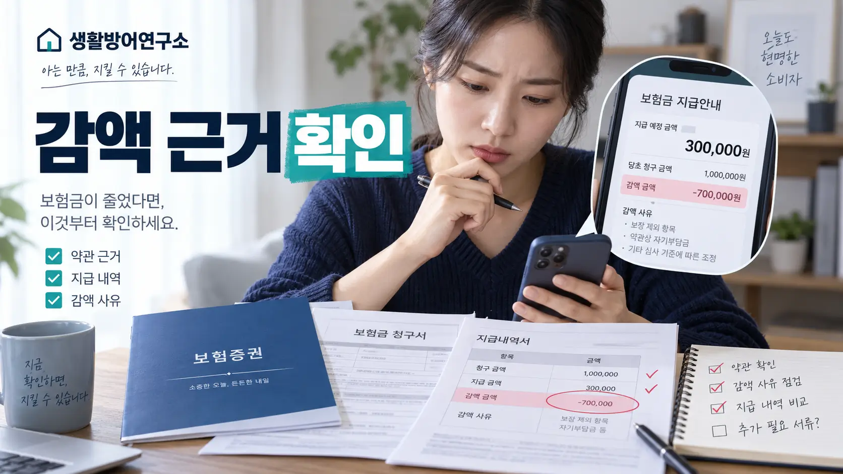 보험금 감액 근거를 확인하기 위해 지급내역과 보험약관을 살펴보는 소비자