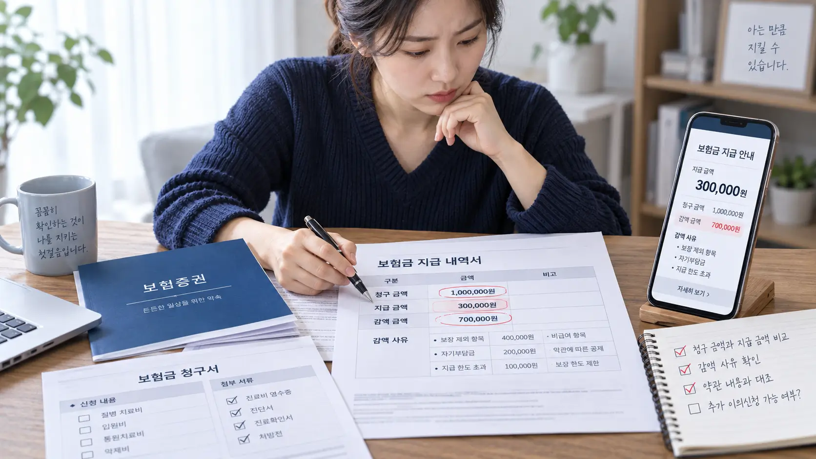 보험금 청구액과 실제 지급액, 감액 사유를 서류와 스마트폰으로 비교하는 소비자