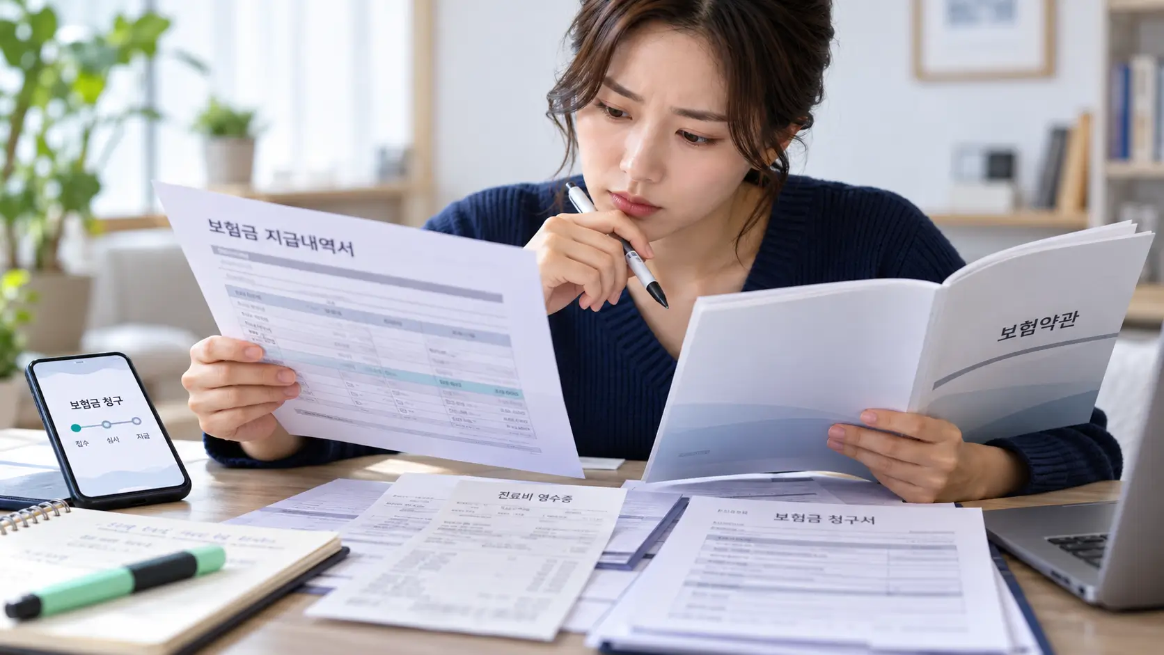 보험금 지급내역서와 보험약관, 진료비 영수증을 비교하며 삭감 근거를 확인하는 소비자