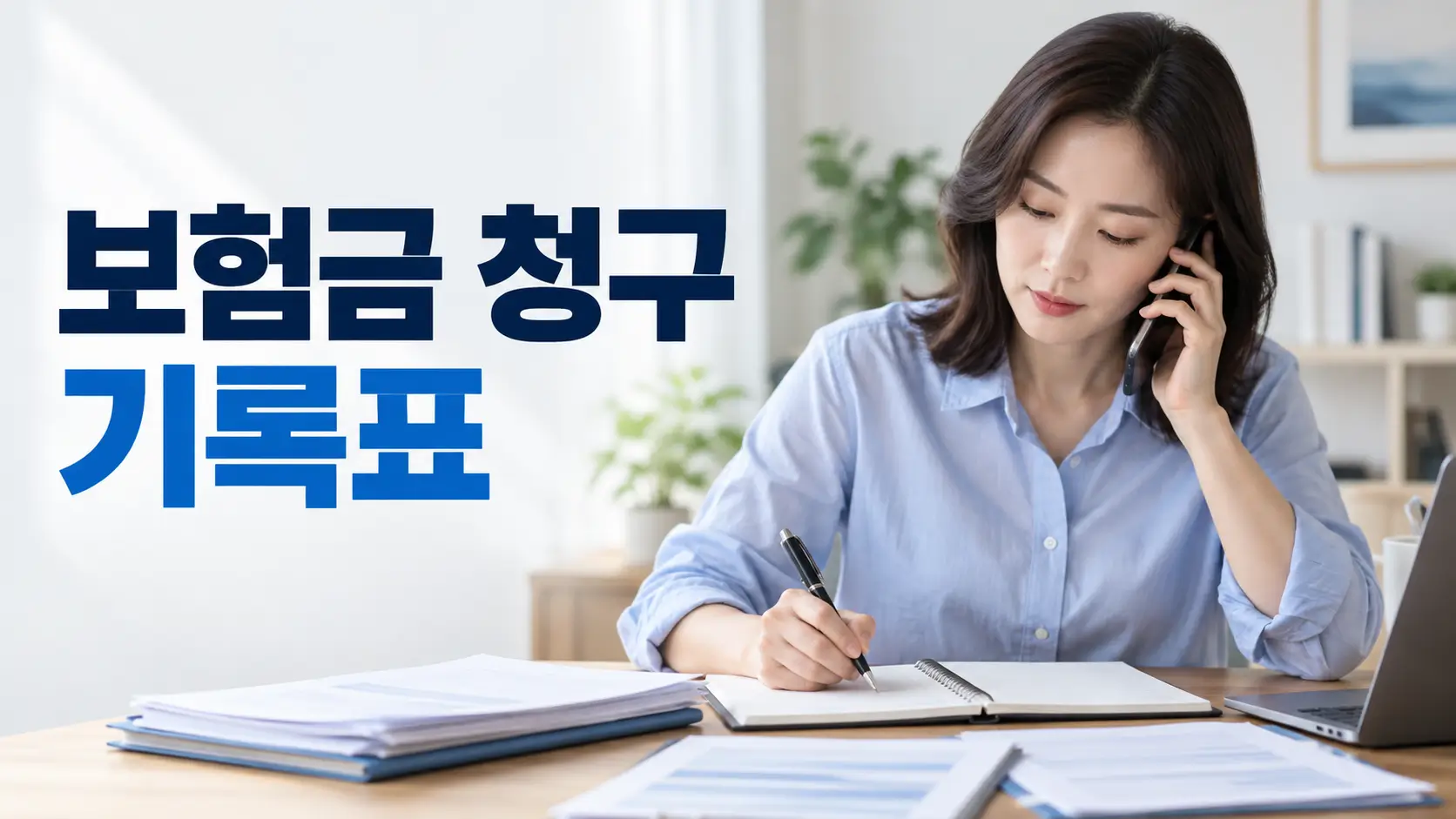 보험사와 통화하며 보험금 청구 내용을 기록표에 작성하는 모습