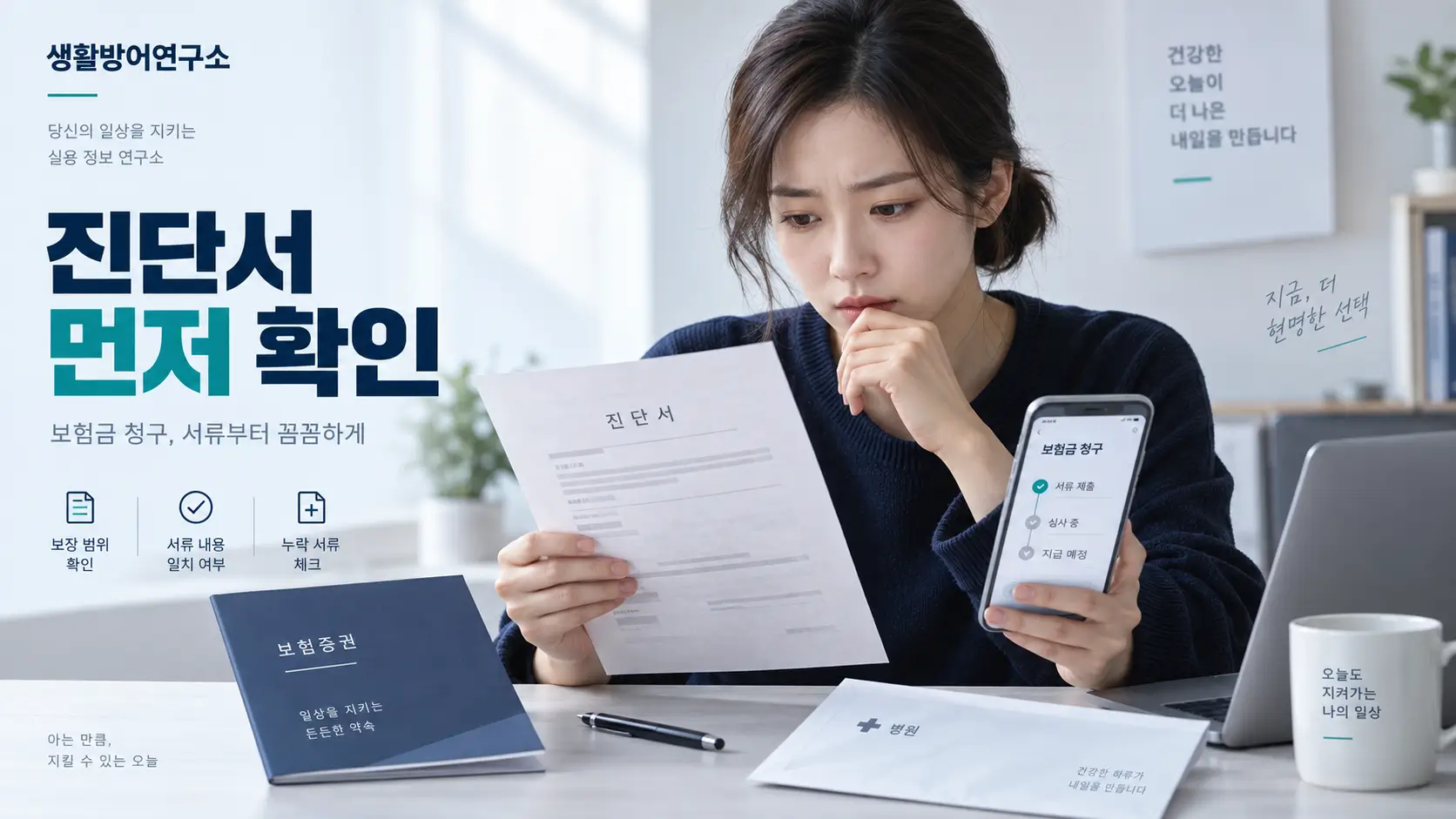 보험금 청구 전 진단서와 보험증권을 확인하는 모습