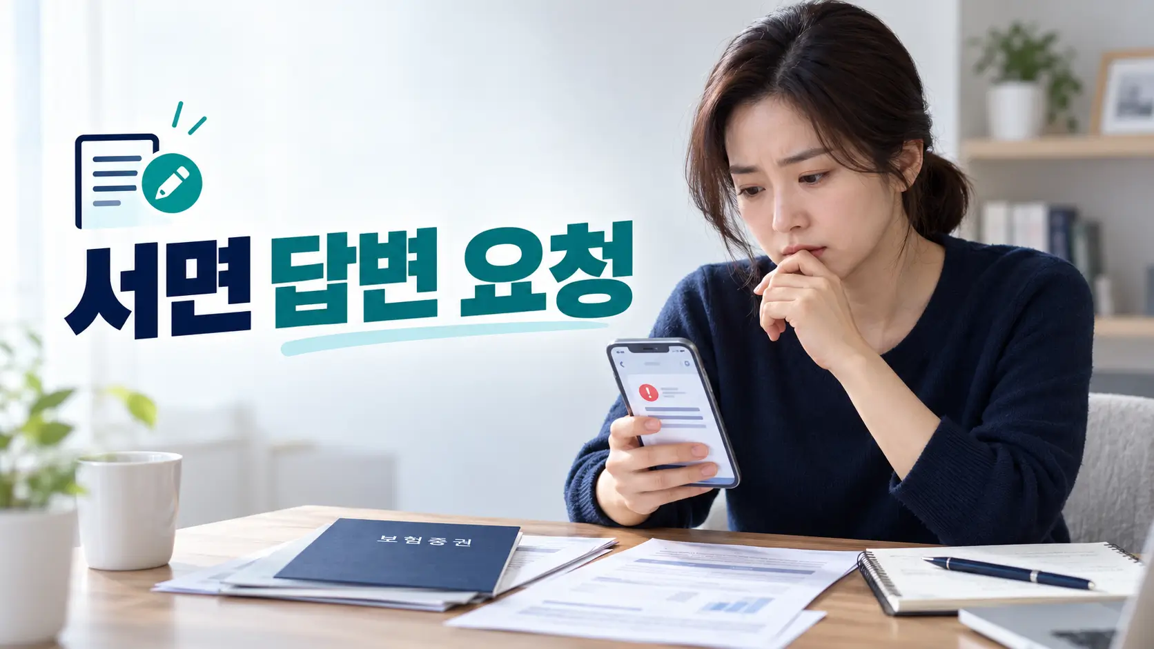 보험금 지급 결정에 대한 서면 답변을 요청하기 위해 스마트폰과 보험 서류를 확인하는 여성
