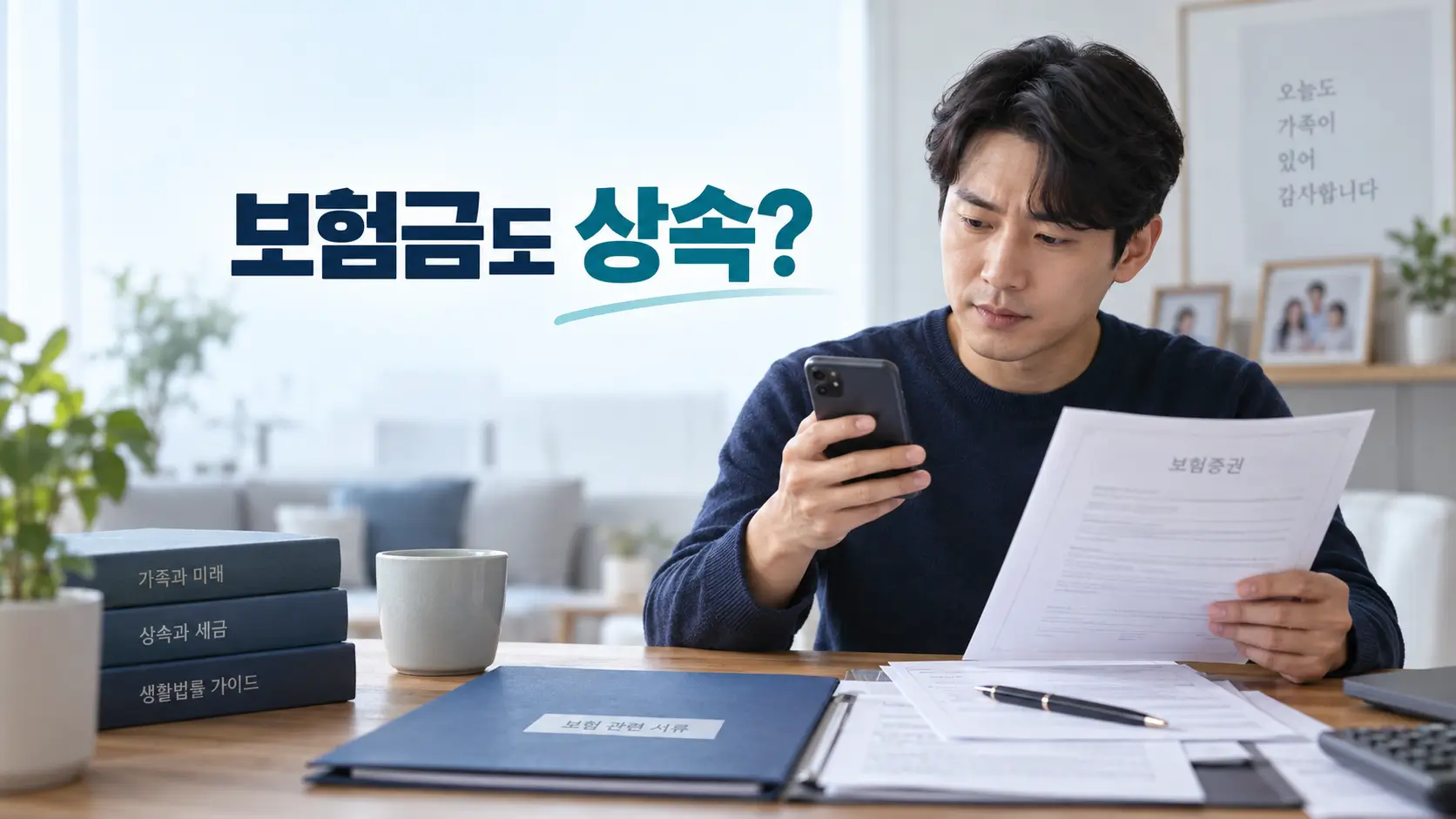 사망보험금이 상속재산인지 확인하기 위해 보험증권과 휴대전화를 살펴보는 남성