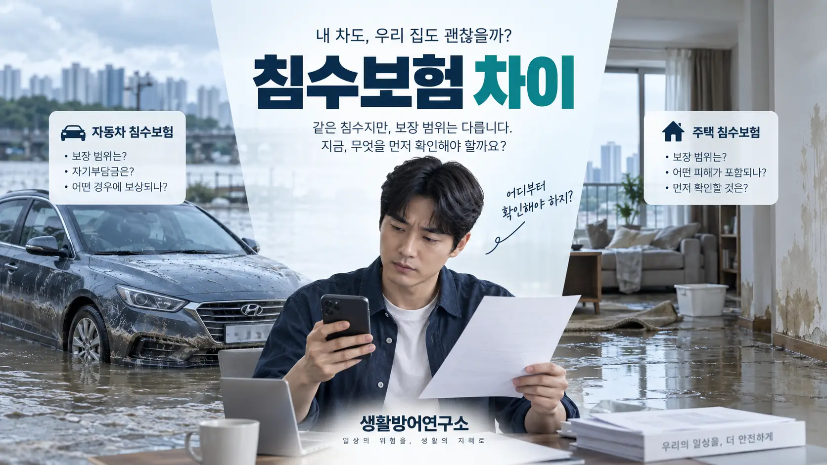 침수된 자동차와 주택을 배경으로 보험 보장 차이를 확인하는 소비자