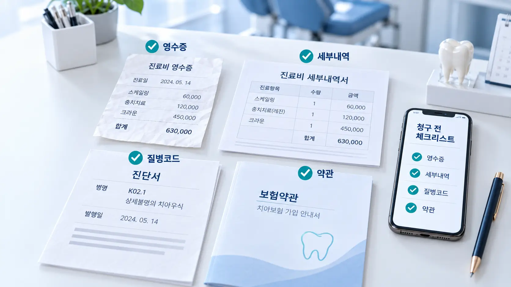 1. 치과 실손보험 청구 전 영수증과 세부내역서, 질병코드, 보험약관을 확인하는 체크리스트