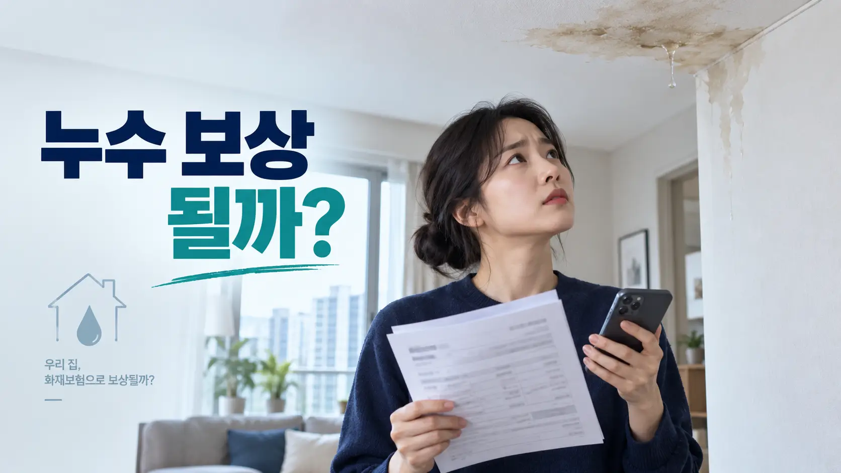 화재보험 서류를 들고 아파트 천장 누수 자국을 확인하는 여성